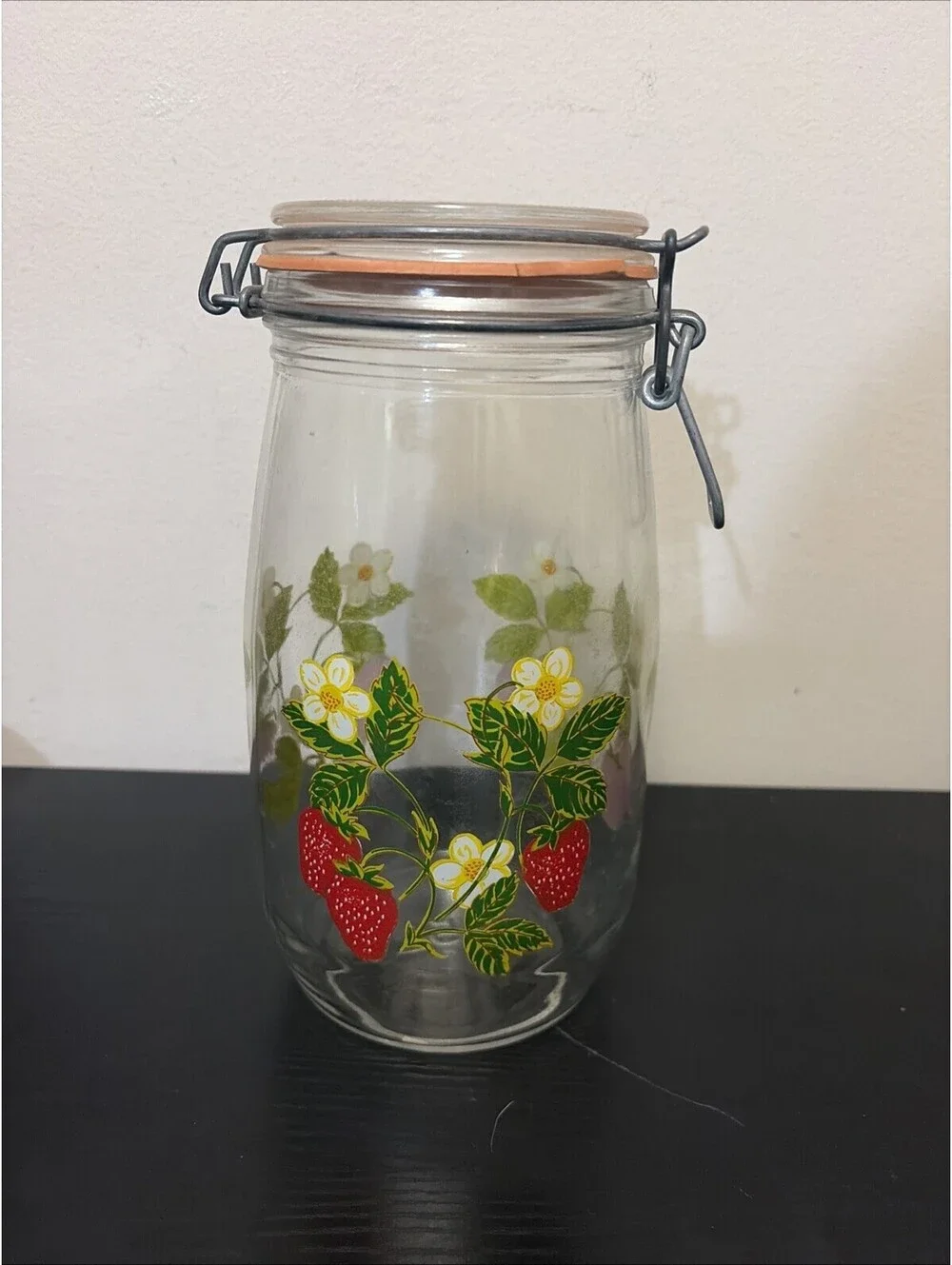 Vtg. ARC France Glass Canister Jar 1.5L with Wire Bale Lid & Strawberry Blossom